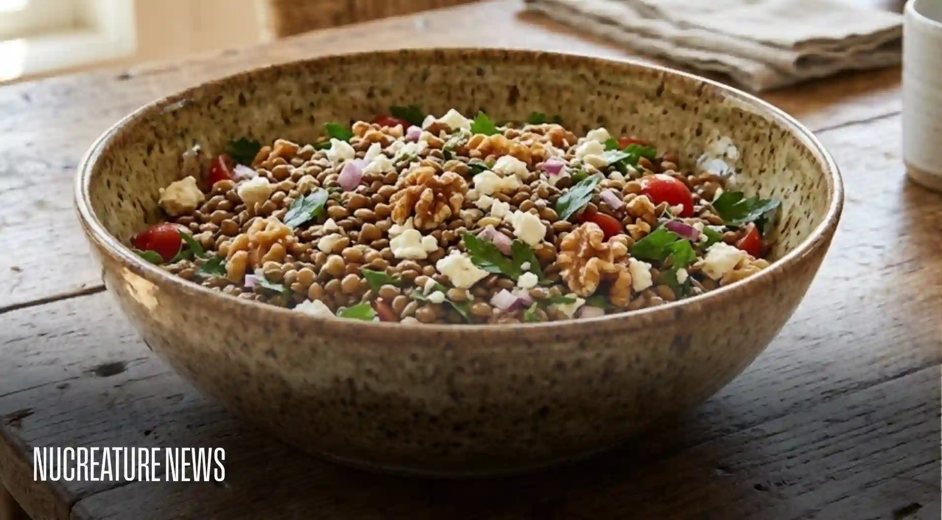Heart-Healthy Foods: Lentil & Walnut Salad in a bowl on a wooden table