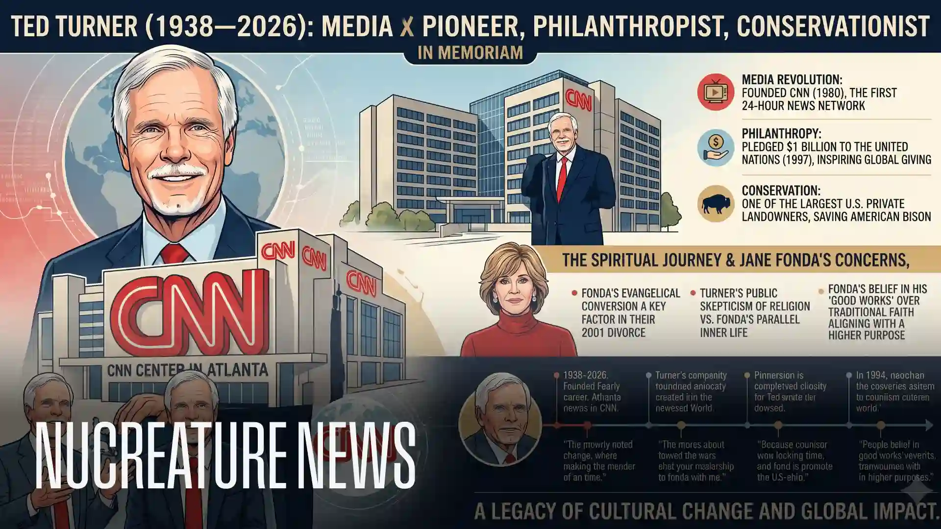Illustration timeline of Ted Turners life including Jane Fonda