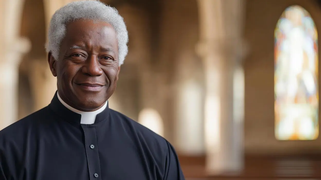 A black usher wearing dark colored clergy apparel. Source: https://static.vecteezy.com/system/resources/thumbnails/050/539/973/small_2x/elderly-african-american-priest-in-traditional-clerical-attire-in-beautiful-church-setting-for-religious-stockgraphy-photo.jpg