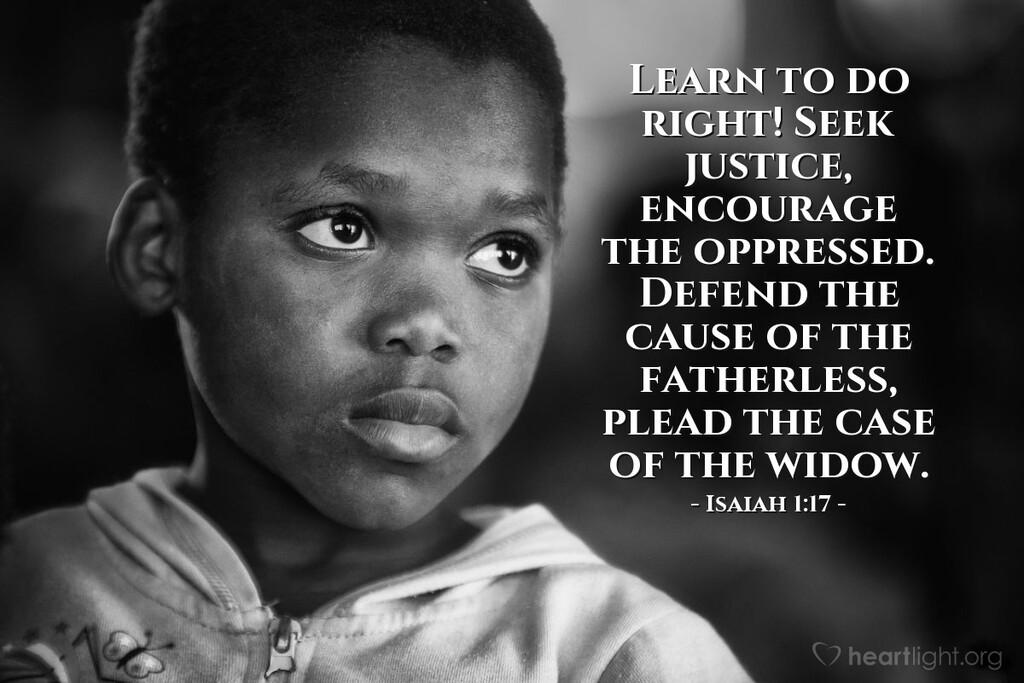 Hunger in Black America: Black child looking up with Isaiah 1:17 scripture next to him