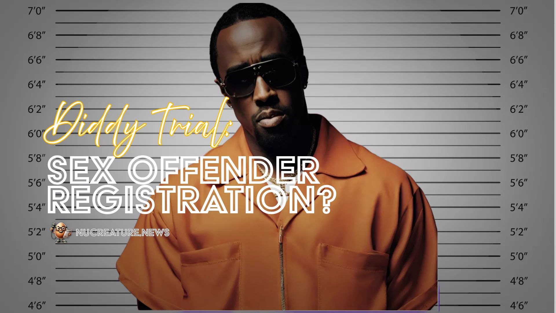 diddy trial with Sean diddy combs posing for mugshot with sunglasses in orange jumpsuit