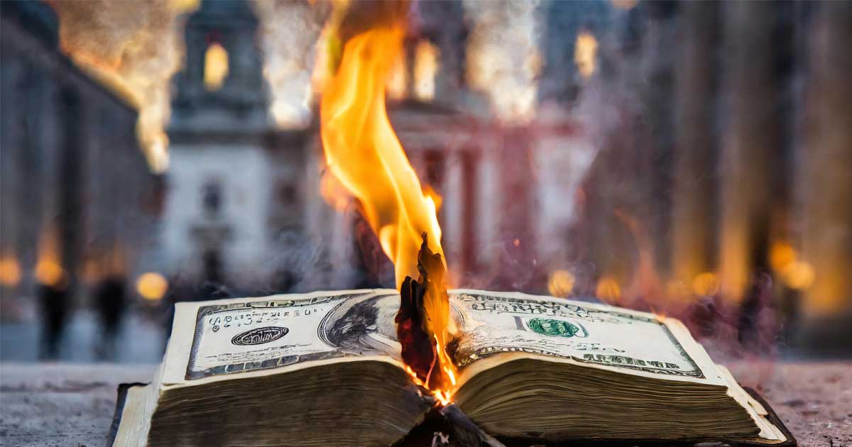 stock market crash with dollar bill burning on Wall Street