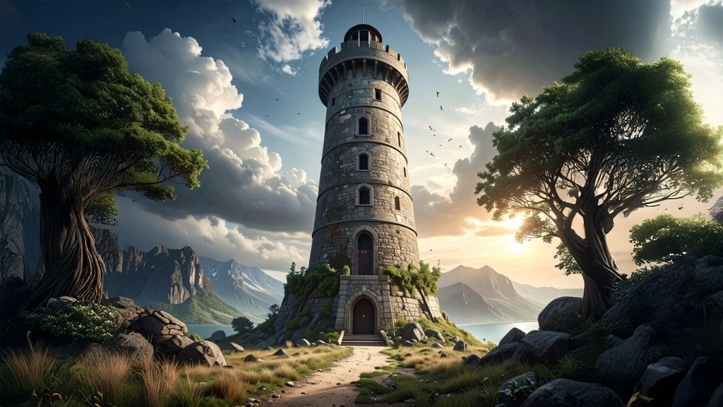 A tower surrounded by the sky and trees